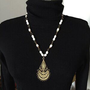 Vintage Milk Glass Beaded Necklace with Brass Medallion